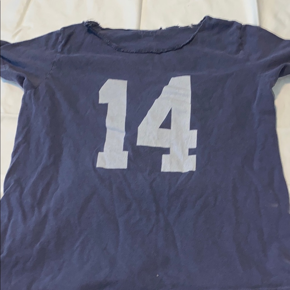 Brandy Melville Blue Tee with White Number one size fits all. cut neck